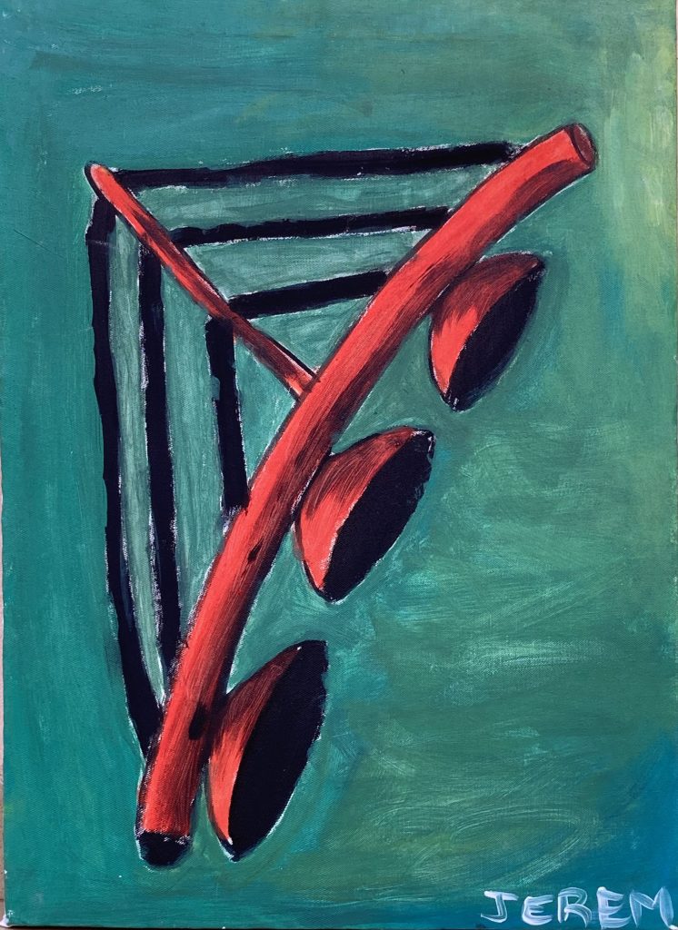 une petite harpe-cithare sur bâton de palmier-raphia, ou de bambou équipée de un à quatre résonateurs en calebasse, un haut chevalet vertical placé en son milieu, divisant en deux la longueur des quatre à cinq cordes en boyaux.